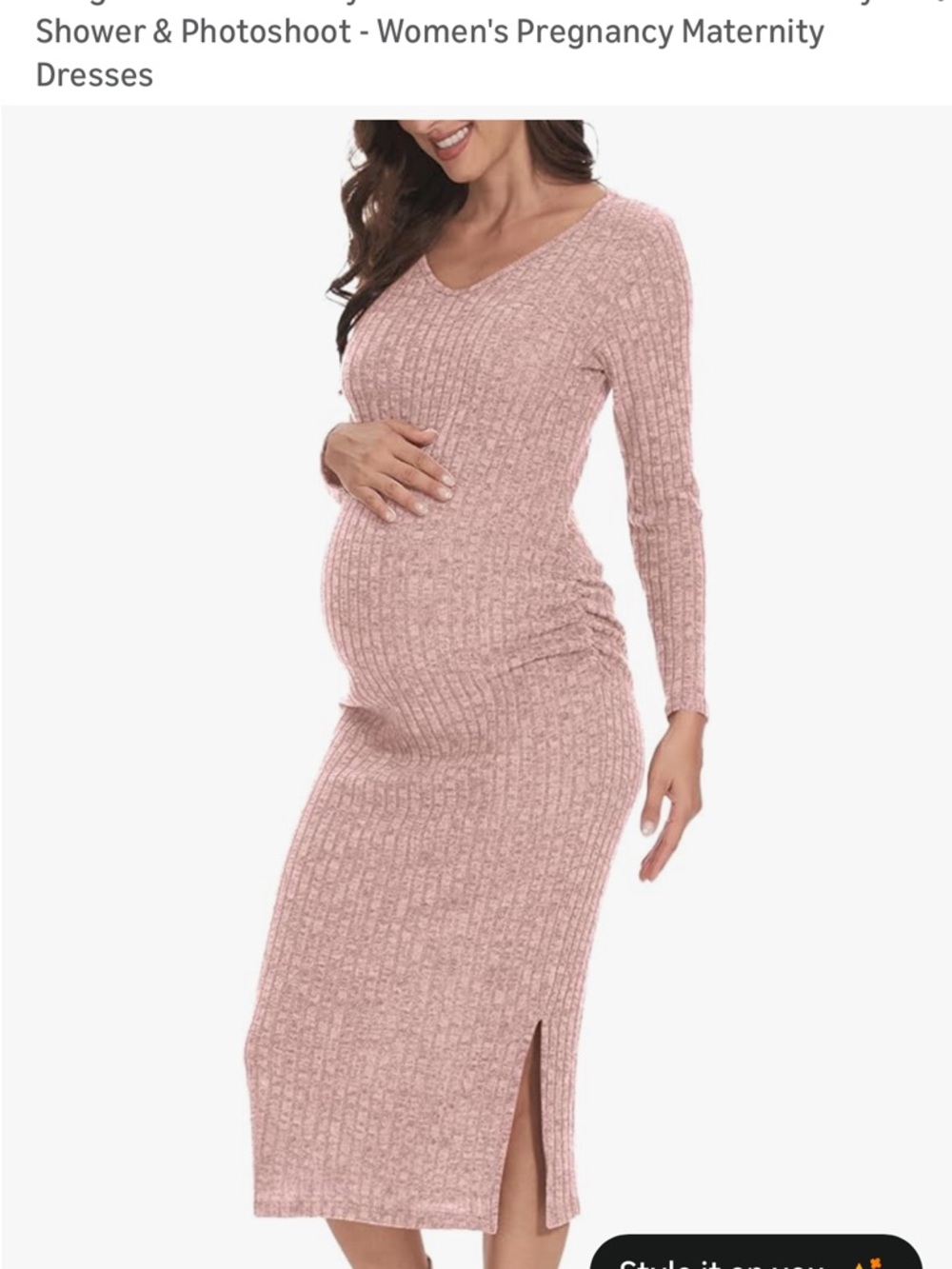 Ribbed Pink Maternity Maxi Dress with Side Slit